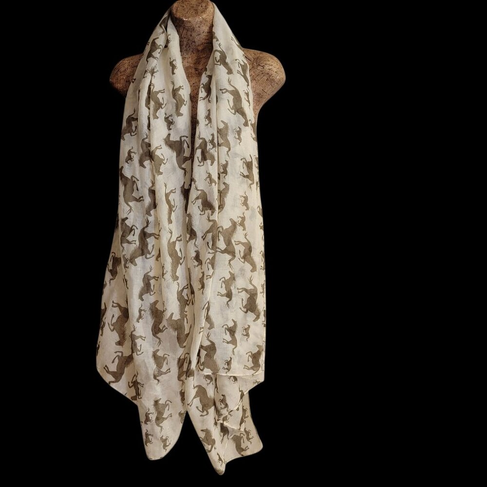 Equestrian Western Horse Print Lightweight Scarf/Wrap Shawl In Beige & Brown